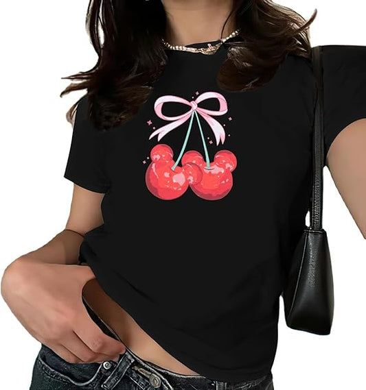 Aesthetic Pink Bow Cherry Graphic Top